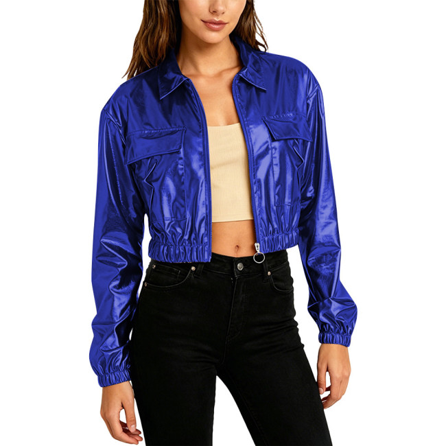 Plus Size Women Fashion Cropped Jacket Long Sleeve Metallic Shiny Pockets Coat Lapel Collar Outerwear Club Party Night Out Coats