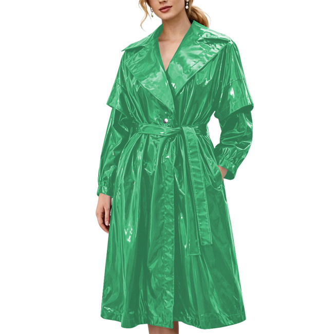 Women's Shiny Solid Color PVC Trench Coat Glossy Wet Look Belted Midi Coat Lapel Collar Outerwear Ladies Streetwear Club Outfits