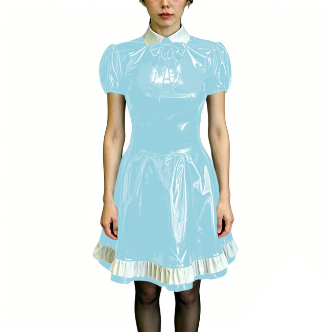 Preppy Style Shiny PVC Dress Wet Look Puff Sleeve Ruffle Hem A-Line Dress Womens Maid Fancy Outfits for Halloween Cosplay Party