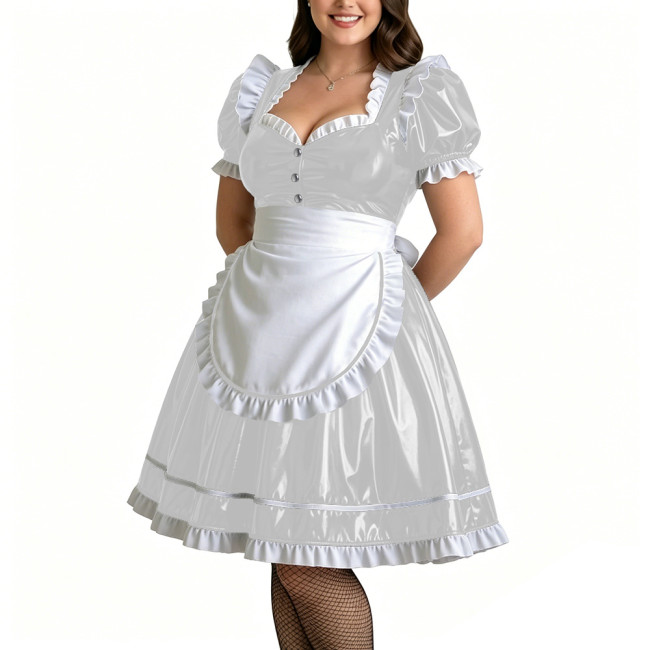 Plus Size Role Play PVC Maid Dress for Womens Shiny Wet Look Puff Sleeve Knee-length Maid Uniforms Halloween Cosplay Costume 7XL