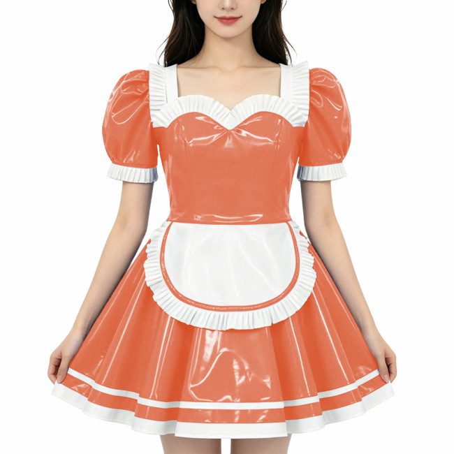 French Maid PVC Shiny Dress Sweetheart Neckline Glossy Faux Leather A-line Dress with White Trim Adult Role Play Maid Dresses