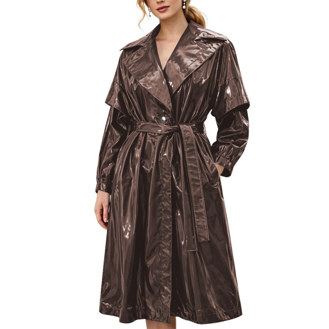 Women's Shiny Solid Color PVC Trench Coat Glossy Wet Look Belted Midi Coat Lapel Collar Outerwear Ladies Streetwear Club Outfits
