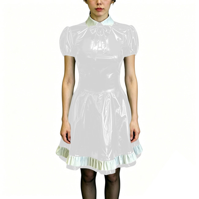 Preppy Style Shiny PVC Dress Wet Look Puff Sleeve Ruffle Hem A-Line Dress Womens Maid Fancy Outfits for Halloween Cosplay Party