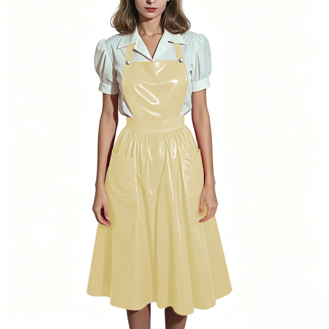 Plus Size Glossy Maid Apron Dress PVC Shiny Midi Suspender Skirt with Pockets Women Backless Criss Cross Strap Dresses Cosplay