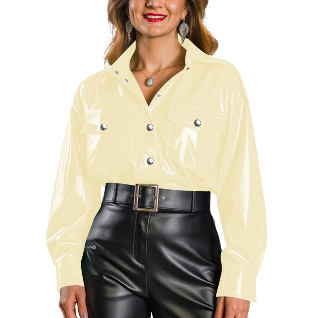 Plus Size Women's Shiny PVC Button Down Shirt Glossy Wet Look Long Sleeve Blouse with Pockets Female Streetwear Club Outfits