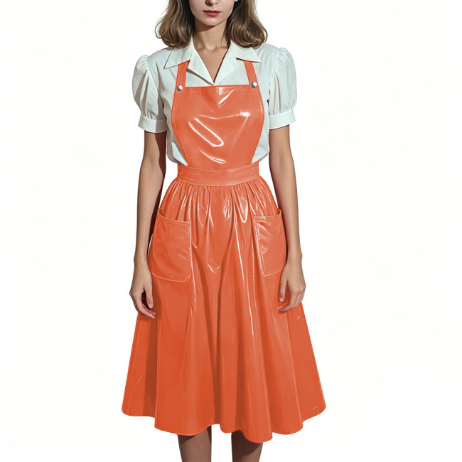 Plus Size Glossy Maid Apron Dress PVC Shiny Midi Suspender Skirt with Pockets Women Backless Criss Cross Strap Dresses Cosplay