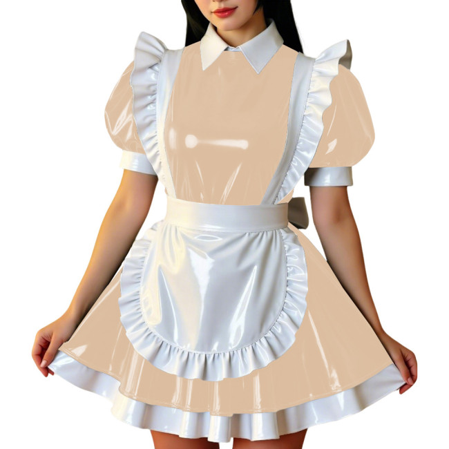 Retro Glossy French Maid Dress Outfit Vinyl PVC Leather Mini Dress with Ruffle Trim Apron Sissy Party Role Play Maid Uniforms