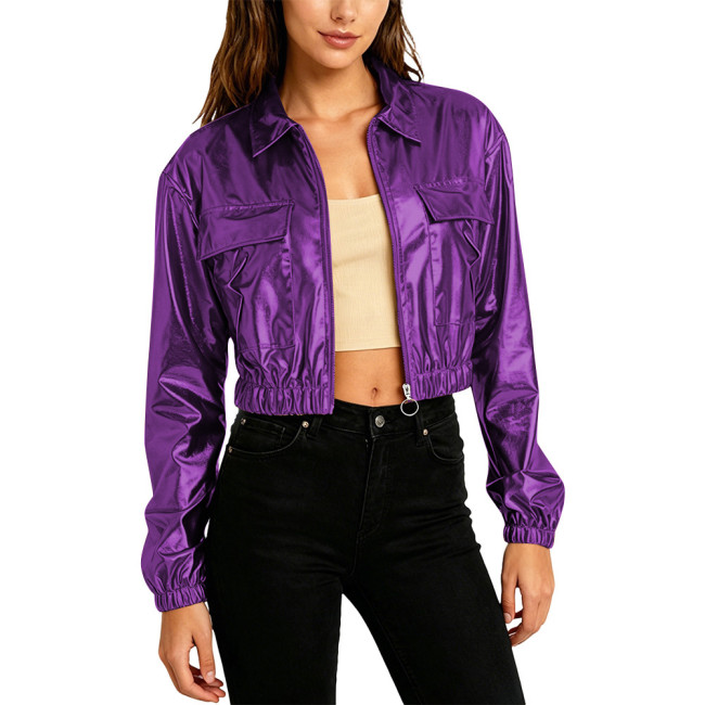 Plus Size Women Fashion Cropped Jacket Long Sleeve Metallic Shiny Pockets Coat Lapel Collar Outerwear Club Party Night Out Coats
