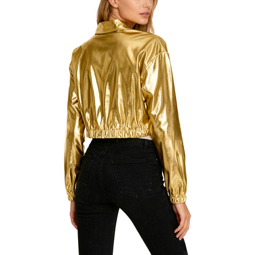 Plus Size Women Fashion Cropped Jacket Long Sleeve Metallic Shiny Pockets Coat Lapel Collar Outerwear Club Party Night Out Coats