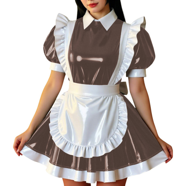 Retro Glossy French Maid Dress Outfit Vinyl PVC Leather Mini Dress with Ruffle Trim Apron Sissy Party Role Play Maid Uniforms