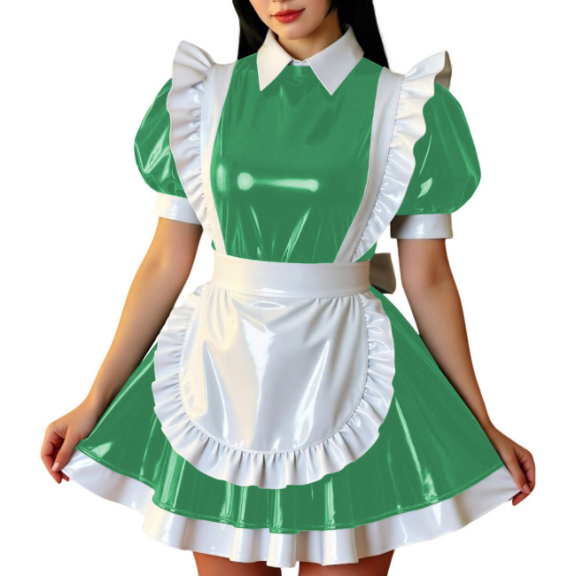 Retro Glossy French Maid Dress Outfit Vinyl PVC Leather Mini Dress with Ruffle Trim Apron Sissy Party Role Play Maid Uniforms