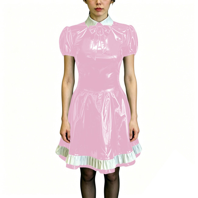 Preppy Style Shiny PVC Dress Wet Look Puff Sleeve Ruffle Hem A-Line Dress Womens Maid Fancy Outfits for Halloween Cosplay Party
