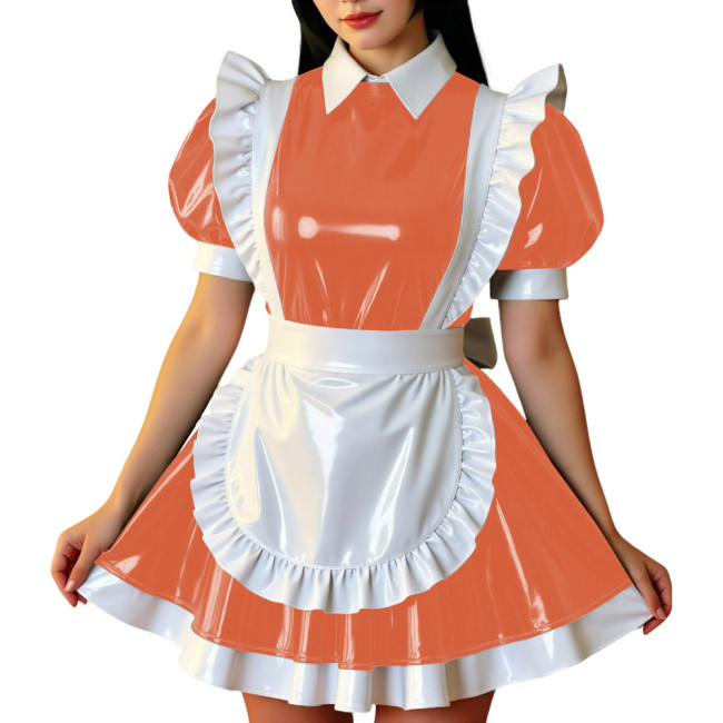 Retro Glossy French Maid Dress Outfit Vinyl PVC Leather Mini Dress with Ruffle Trim Apron Sissy Party Role Play Maid Uniforms