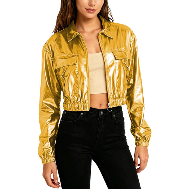 Plus Size Women Fashion Cropped Jacket Long Sleeve Metallic Shiny Pockets Coat Lapel Collar Outerwear Club Party Night Out Coats