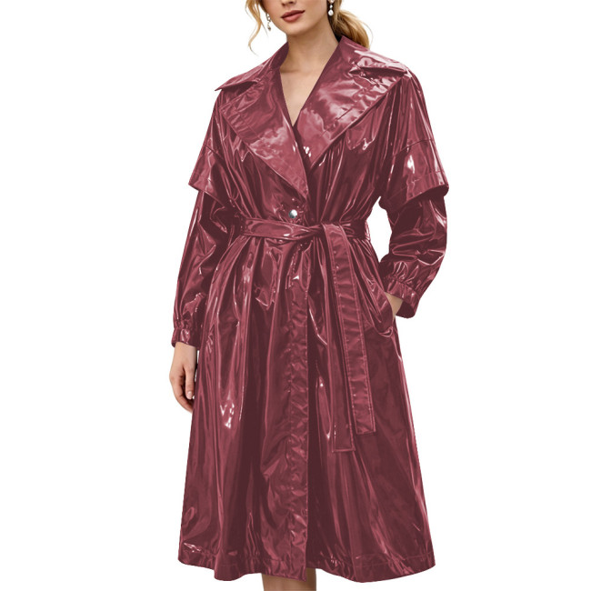 Women's Shiny Solid Color PVC Trench Coat Glossy Wet Look Belted Midi Coat Lapel Collar Outerwear Ladies Streetwear Club Outfits