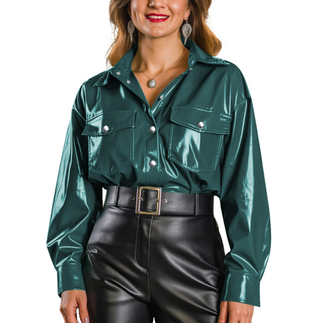 Plus Size Women's Shiny PVC Button Down Shirt Glossy Wet Look Long Sleeve Blouse with Pockets Female Streetwear Club Outfits