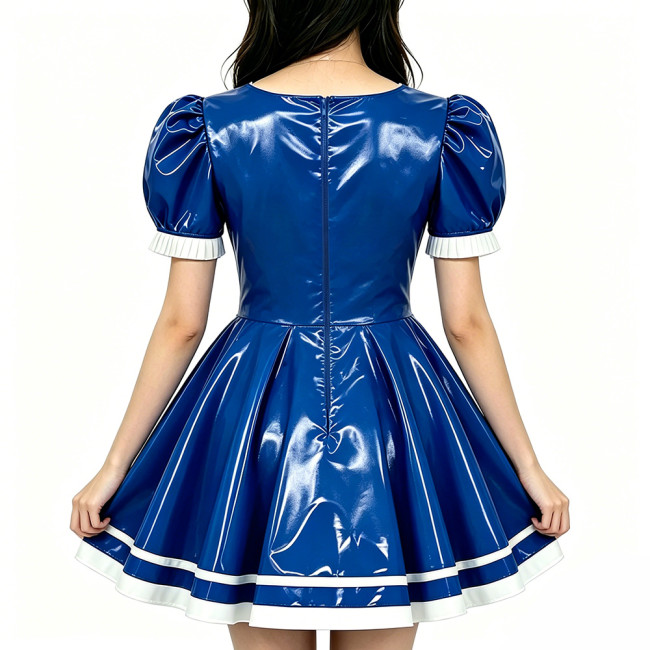 French Maid PVC Shiny Dress Sweetheart Neckline Glossy Faux Leather A-line Dress with White Trim Adult Role Play Maid Dresses