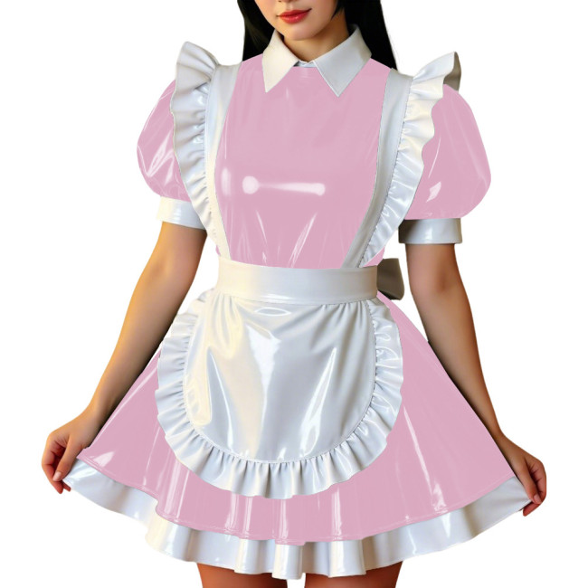 Retro Glossy French Maid Dress Outfit Vinyl PVC Leather Mini Dress with Ruffle Trim Apron Sissy Party Role Play Maid Uniforms