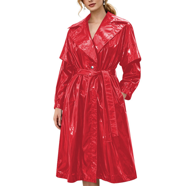 Women's Shiny Solid Color PVC Trench Coat Glossy Wet Look Belted Midi Coat Lapel Collar Outerwear Ladies Streetwear Club Outfits