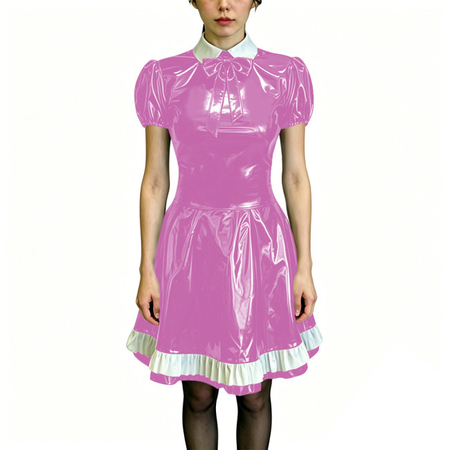 Preppy Style Shiny PVC Dress Wet Look Puff Sleeve Ruffle Hem A-Line Dress Womens Maid Fancy Outfits for Halloween Cosplay Party
