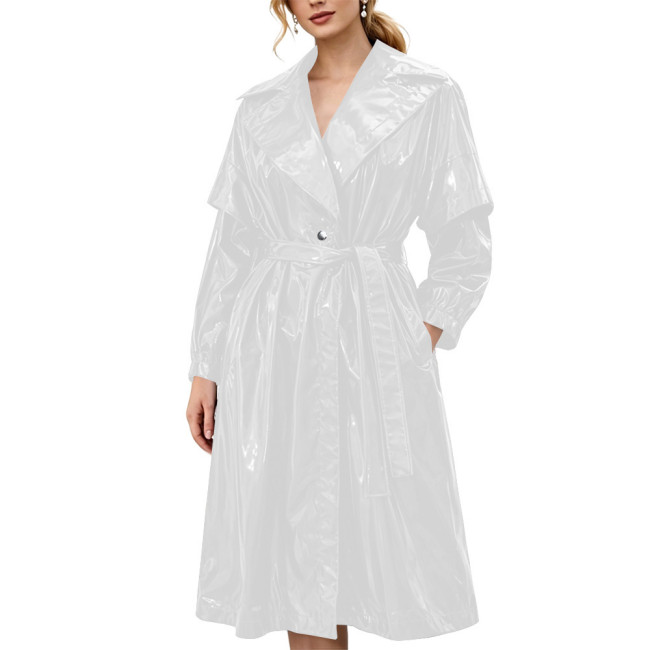 Women's Shiny Solid Color PVC Trench Coat Glossy Wet Look Belted Midi Coat Lapel Collar Outerwear Ladies Streetwear Club Outfits