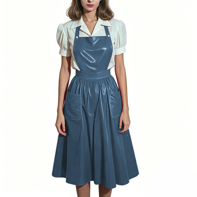 Plus Size Glossy Maid Apron Dress PVC Shiny Midi Suspender Skirt with Pockets Women Backless Criss Cross Strap Dresses Cosplay
