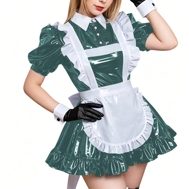 Glossy PVC Leather French Maid Outfit Short Sleeve Apron Pleated Mini Dress with Apron Crossdressering Role Play Maid Uniforms
