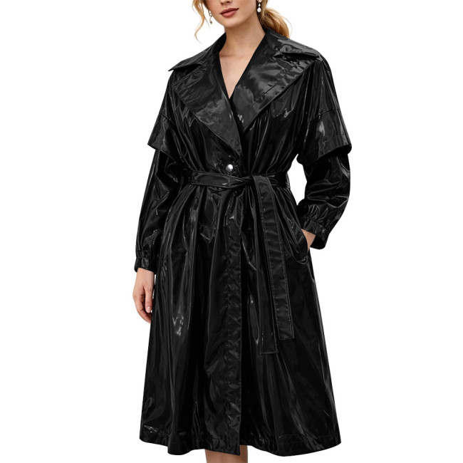 Women's Shiny Solid Color PVC Trench Coat Glossy Wet Look Belted Midi Coat Lapel Collar Outerwear Ladies Streetwear Club Outfits