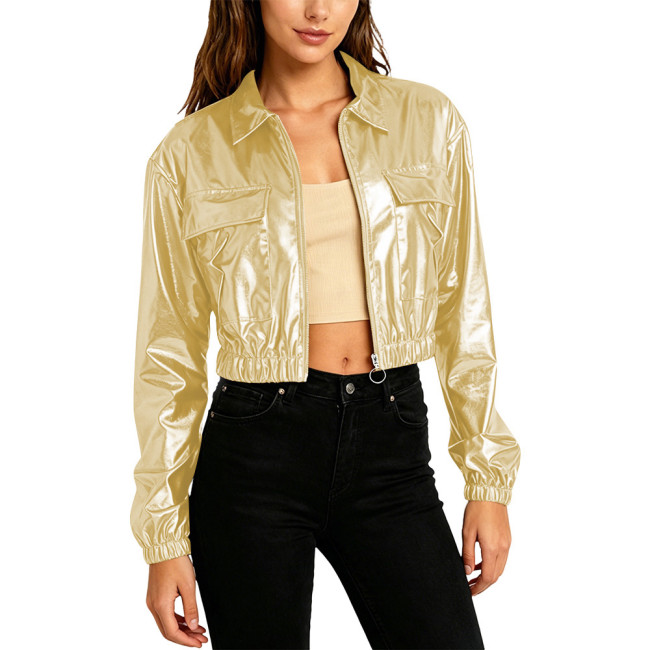 Plus Size Women Fashion Cropped Jacket Long Sleeve Metallic Shiny Pockets Coat Lapel Collar Outerwear Club Party Night Out Coats