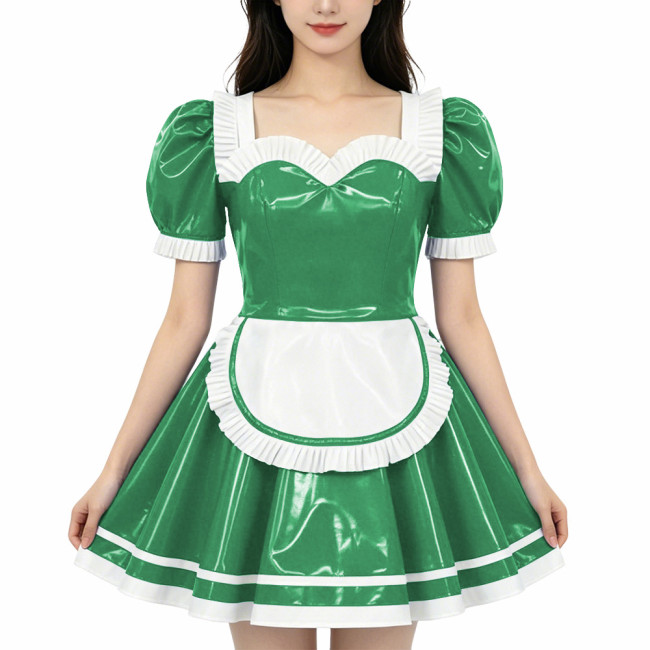 French Maid PVC Shiny Dress Sweetheart Neckline Glossy Faux Leather A-line Dress with White Trim Adult Role Play Maid Dresses