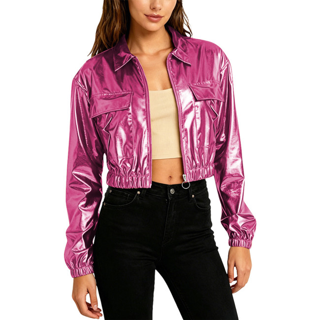 Plus Size Women Fashion Cropped Jacket Long Sleeve Metallic Shiny Pockets Coat Lapel Collar Outerwear Club Party Night Out Coats