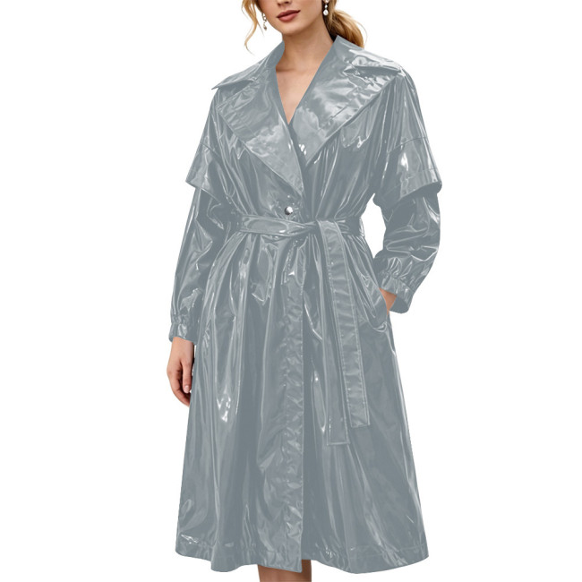 Women's Shiny Solid Color PVC Trench Coat Glossy Wet Look Belted Midi Coat Lapel Collar Outerwear Ladies Streetwear Club Outfits