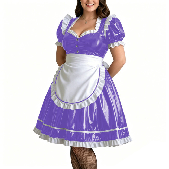 Plus Size Role Play PVC Maid Dress for Womens Shiny Wet Look Puff Sleeve Knee-length Maid Uniforms Halloween Cosplay Costume 7XL