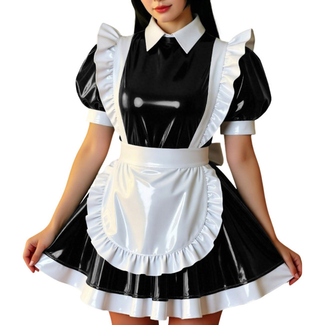 Retro Glossy French Maid Dress Outfit Vinyl PVC Leather Mini Dress with Ruffle Trim Apron Sissy Party Role Play Maid Uniforms