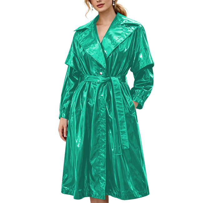 Women's Shiny Solid Color PVC Trench Coat Glossy Wet Look Belted Midi Coat Lapel Collar Outerwear Ladies Streetwear Club Outfits