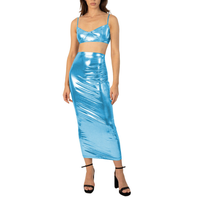 Women's Metallic Liquid 2-Piece Outfit Shiny Spaghetti Strap Crop Top with Bodycon Maxi Skirt Set Sexy Tight Party Clubwear 7XL
