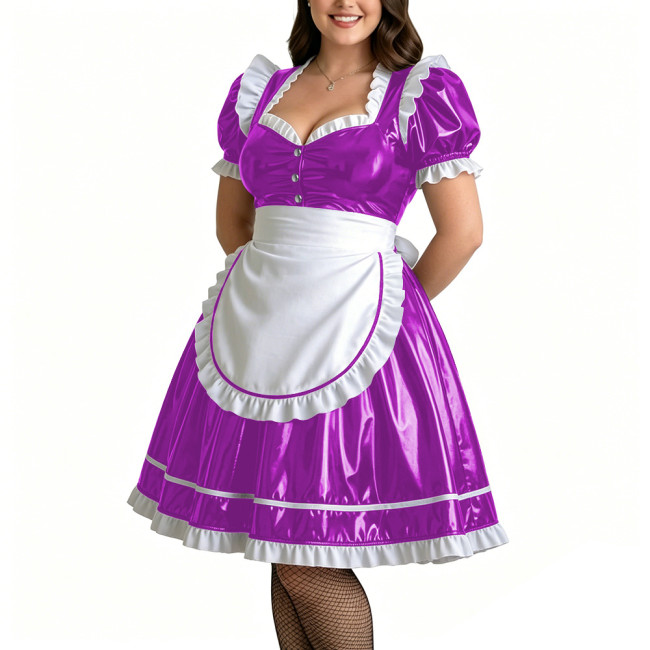 Plus Size Role Play PVC Maid Dress for Womens Shiny Wet Look Puff Sleeve Knee-length Maid Uniforms Halloween Cosplay Costume 7XL