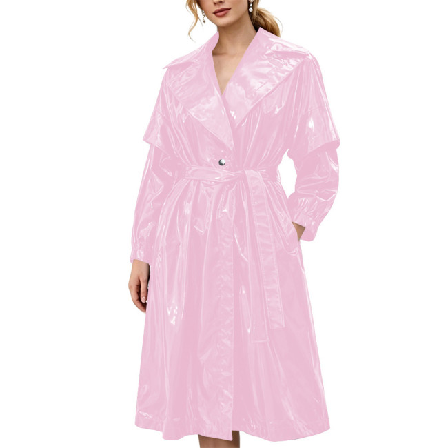 Women's Shiny Solid Color PVC Trench Coat Glossy Wet Look Belted Midi Coat Lapel Collar Outerwear Ladies Streetwear Club Outfits