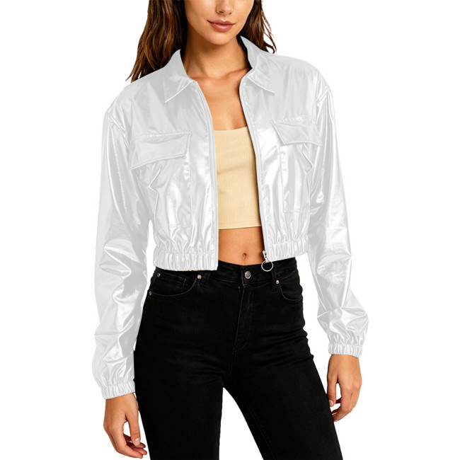 Plus Size Women Fashion Cropped Jacket Long Sleeve Metallic Shiny Pockets Coat Lapel Collar Outerwear Club Party Night Out Coats
