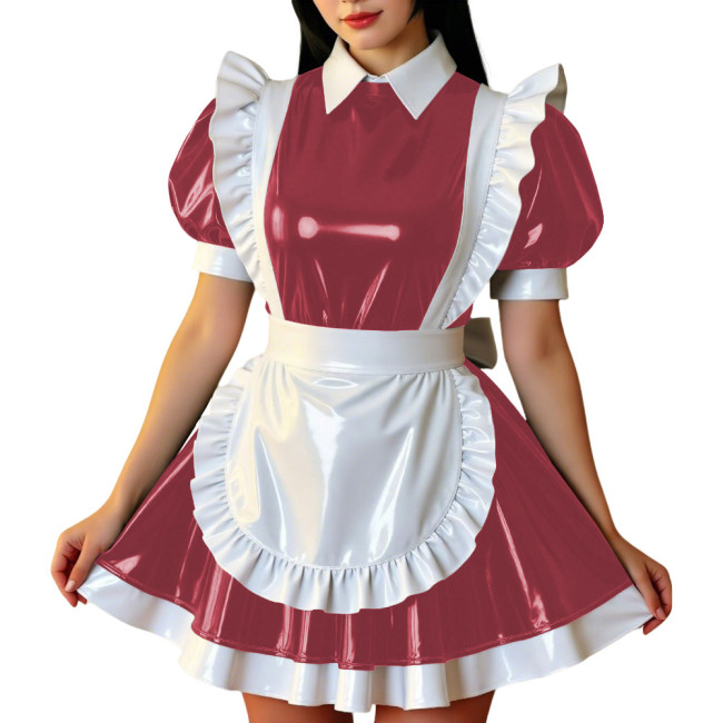 Retro Glossy French Maid Dress Outfit Vinyl PVC Leather Mini Dress with Ruffle Trim Apron Sissy Party Role Play Maid Uniforms