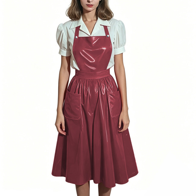 Plus Size Glossy Maid Apron Dress PVC Shiny Midi Suspender Skirt with Pockets Women Backless Criss Cross Strap Dresses Cosplay
