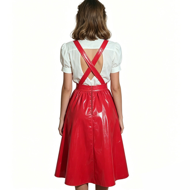Plus Size Glossy Maid Apron Dress PVC Shiny Midi Suspender Skirt with Pockets Women Backless Criss Cross Strap Dresses Cosplay