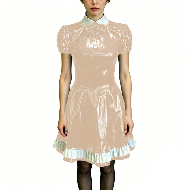 Preppy Style Shiny PVC Dress Wet Look Puff Sleeve Ruffle Hem A-Line Dress Womens Maid Fancy Outfits for Halloween Cosplay Party