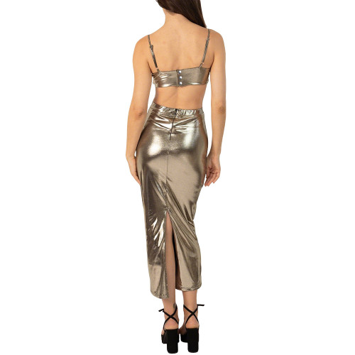 Women's Metallic Liquid 2-Piece Outfit Shiny Spaghetti Strap Crop Top with Bodycon Maxi Skirt Set Sexy Tight Party Clubwear 7XL