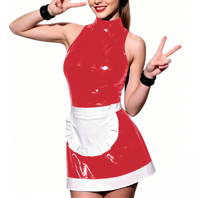 Glossy PVC Leather High Neck Maid Dress Outfit Nightclub Sexy Sleeveless A-line Dress with Apron Halloween Cosplay Party Costume
