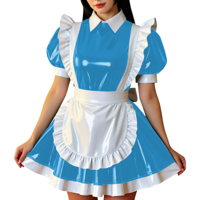 Retro Glossy French Maid Dress Outfit Vinyl PVC Leather Mini Dress with Ruffle Trim Apron Sissy Party Role Play Maid Uniforms