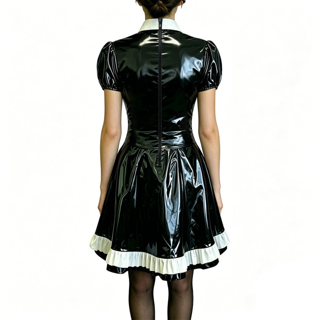 Preppy Style Shiny PVC Dress Wet Look Puff Sleeve Ruffle Hem A-Line Dress Womens Maid Fancy Outfits for Halloween Cosplay Party