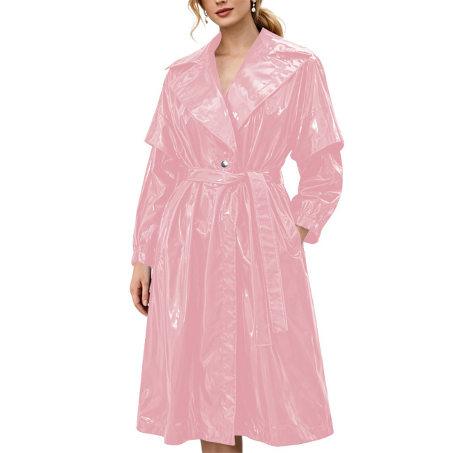 Women's Shiny Solid Color PVC Trench Coat Glossy Wet Look Belted Midi Coat Lapel Collar Outerwear Ladies Streetwear Club Outfits