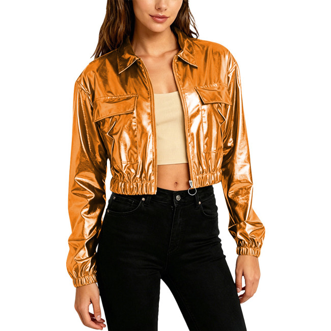Plus Size Women Fashion Cropped Jacket Long Sleeve Metallic Shiny Pockets Coat Lapel Collar Outerwear Club Party Night Out Coats