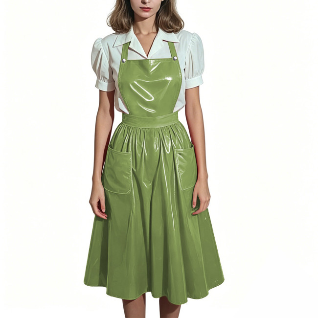 Plus Size Glossy Maid Apron Dress PVC Shiny Midi Suspender Skirt with Pockets Women Backless Criss Cross Strap Dresses Cosplay